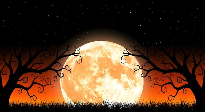 Spooky halloween night with full moon and bare trees silhouette