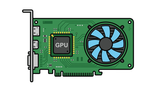Simplified icon of a graphics processing unit with detailed circuitry and fan design for technology
