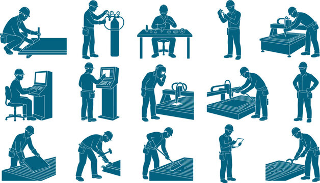 Industrial factory workers set performing various manufacturing tasks in a production facility bundle