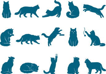 Fototapeta premium Long-haired cat silhouette collection showing fluffy felines in various sitting and playing poses pack