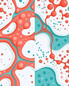Medium shot focusing on a sidebyside comparison of healthy and hypothyroid thyroid cells using coral and teal accents to illustrate differences in hormone production pathways in