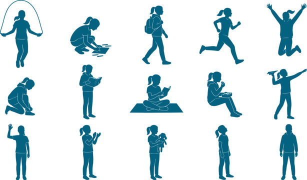 Pack of young girl silhouettes performing daily activities like reading running and playing
