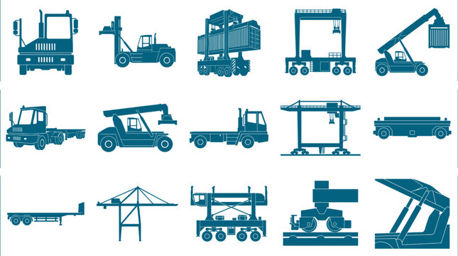 Port container handling equipment silhouette set featuring cranes straddle carriers and heavy logistics machinery