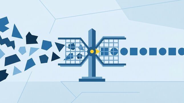 Minimalist flat vector illustration of an abstract machine transforming irregular fragmented shapes into organized geometric circles and squares