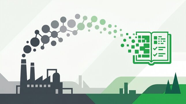 Minimalist flat vector illustration of factory emissions transforming into a digital compliance report representing ESG and sustainability