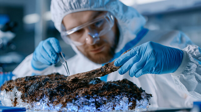 Paleogenomics researcher in full cleanroom protective suit extracts an ancient bone sample from a permafrost sediment block inside a cryogenic laboratory where ancient DNA recovery technology is unl