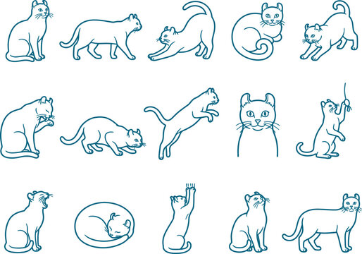 American curl cat line art collection showing unique ear shape and various playful feline poses