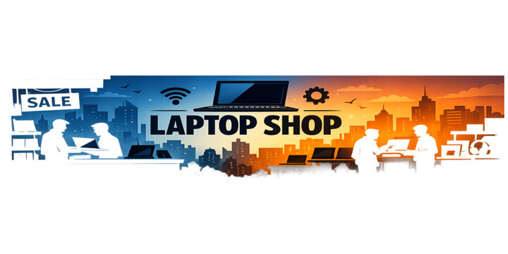 Modern Laptop Shop Silhouette Banner Vector