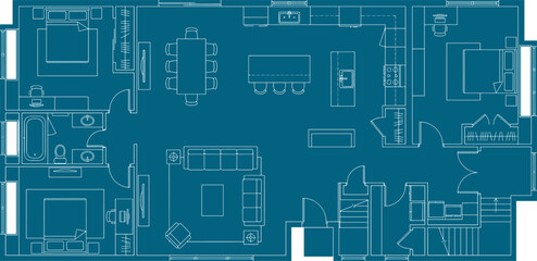 Obraz premium Architectural floor plan blueprint showing layout of a residential house with multiple rooms