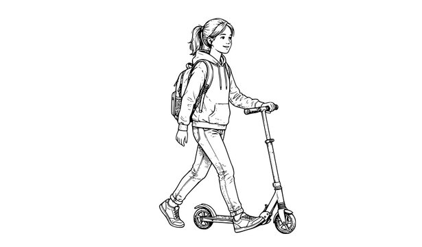 Teen Girl Walking With Kick Scooter Hand Drawn Sketch Vector Illustration