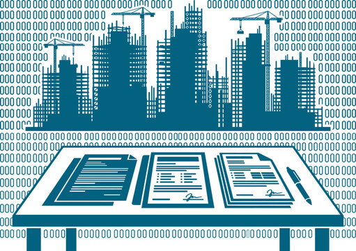Business documents on a desk with a skyline of buildings under construction and binary code