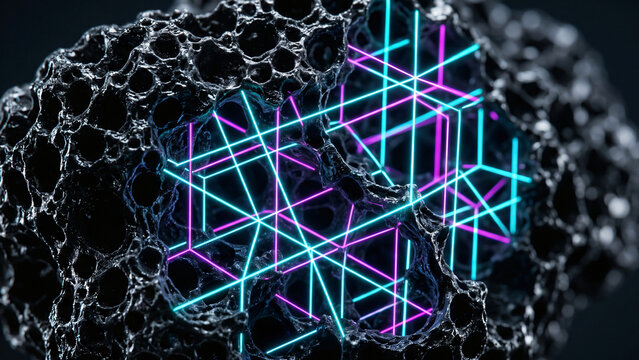 Extreme close-up of a dark porous volcanic rock sorbent mapped by a glowing neon cyan and magenta linear grid