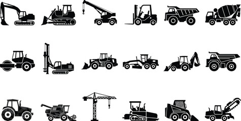 Heavy construction equipment silhouette vector set featuring industrial machinery vehicles trucks excavator crane bulldozer isolated on white © Mst Farida