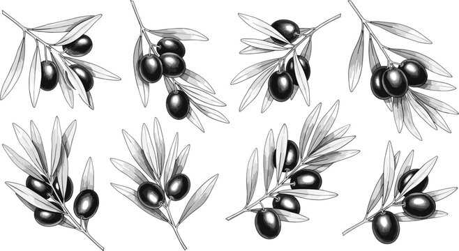 Vintage Black and White Olive Branch Vector Set Featuring Detailed Ink Sketches of Mediterranean Fruit and Foliage for Organic Product Packaging Designs