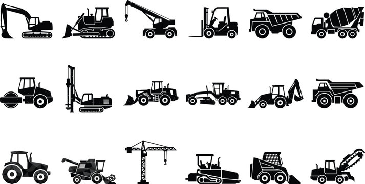 Heavy construction equipment silhouette vector set featuring industrial machinery vehicles trucks excavator crane bulldozer isolated on white