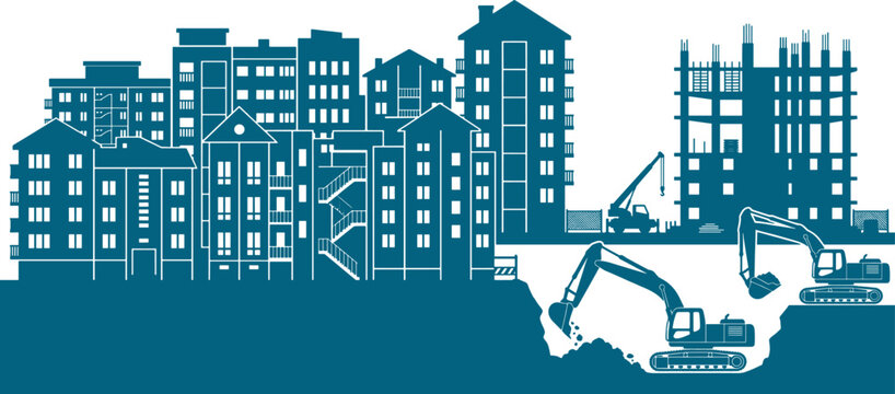 Urban development site with excavators digging foundation near existing apartment buildings and frames