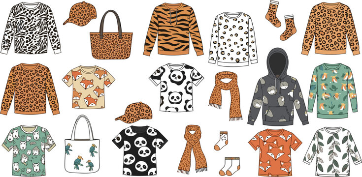 Animal Pattern Children Clothing Collection Vector Set Featuring Cute Fox, Panda, Bear, Leopard Prints on Apparel, Accessories, and Fashion Items