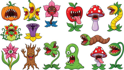 Fototapeta premium Cartoon Evil Monster Plants with Sharp Teeth — Funny Scary Venus Flytrap, Mushroom, Pumpkin and Creepy Plant Character Set