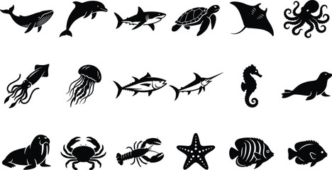 Sea animals and marine life silhouette vector set featuring ocean creatures underwater wildlife fish and coral reef organisms © Mst Farida