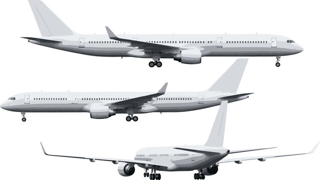 Commercial Passenger Airplane Vector Set Featuring Three Angle Views of White Jet Airliners for Aviation Transport and Travel Graphic Designs