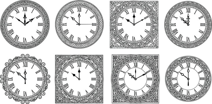 Vintage Wall Clock Faces Vector Set Featuring Ornate Antique Frames and Roman Numerals for Classic Horology Graphic Designs