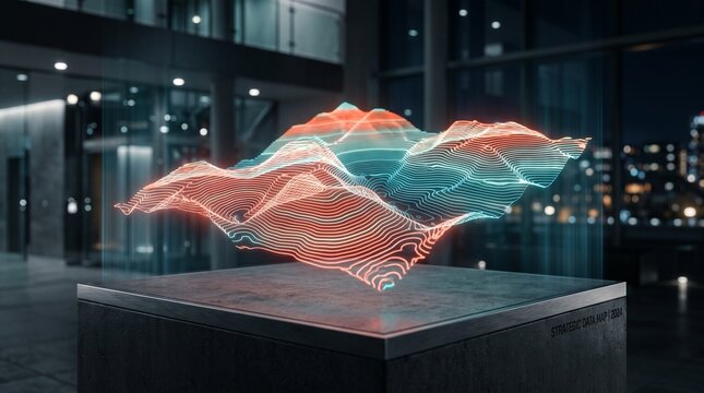 3D render of a glowing holographic topographic terrain map displayed on a pedestal in a modern office, representing the concept of big data visualization and geographic information systems