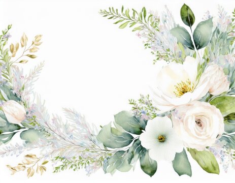 spring floral wedding bouquet white cream pastel watercolor corner banner elegant wreath frame