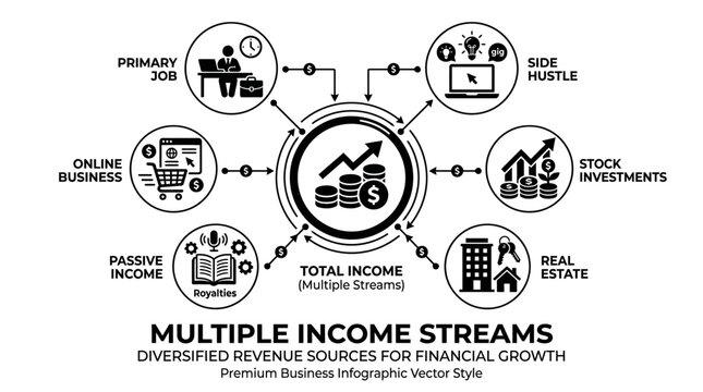 Infographic diagram showing multiple streams of income and diversified revenue sources for financial growth in minimalist vector style