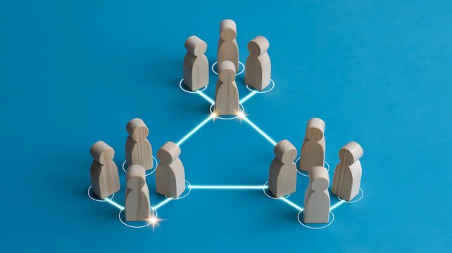 People connected in a network forming a triangle with lines on a blue surface