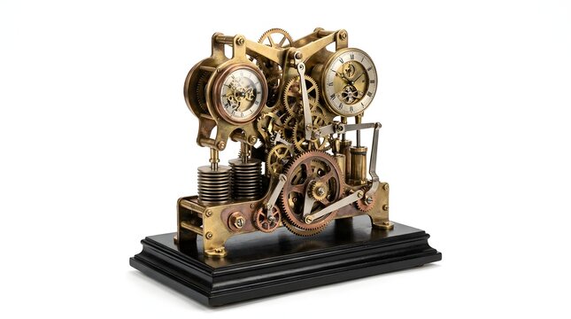 Intricate brass steampunk skeleton clock with complex gears on base.