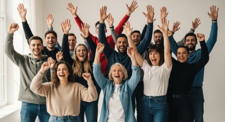 Fototapeta premium Diverse group of people celebrating with raised hands and confetti