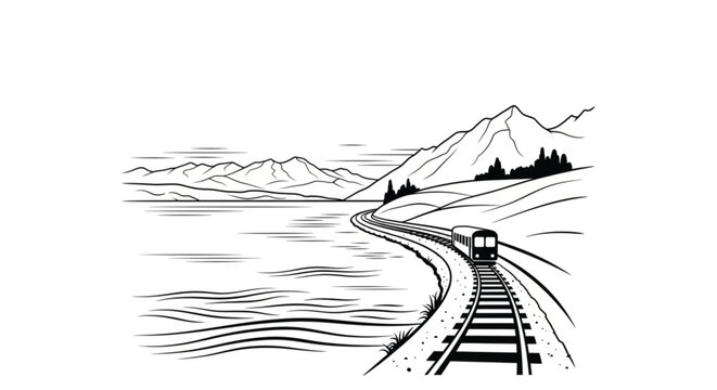 Train on curved railroad tracks.