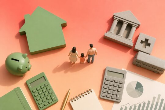 Family budget and home finance concept with calculator house model piggy bank and savings chart
