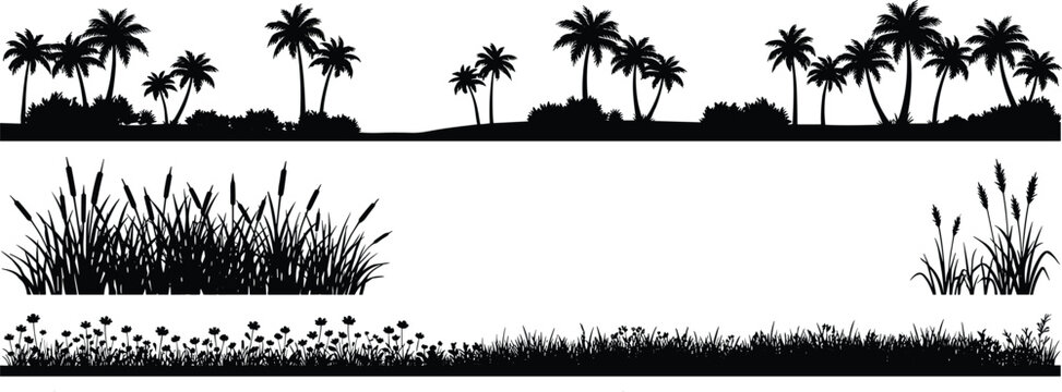 Set of tropical landscape borders palm tree silhouettes wild grass and cattail reeds isolated on white background