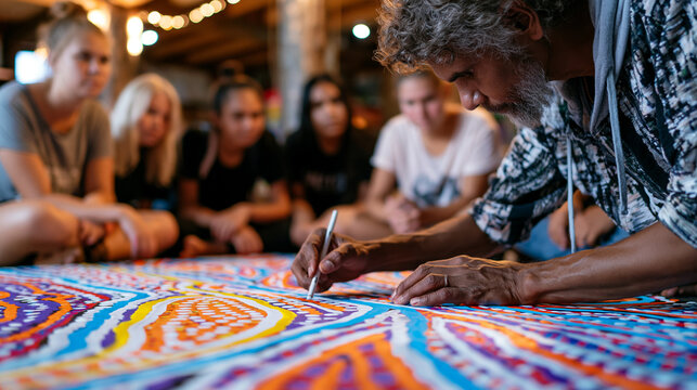 Dot painting master demonstrates the layering of background color fields to a group of teenage community art program participants seated around a large floor canvas in a desert arts center where for