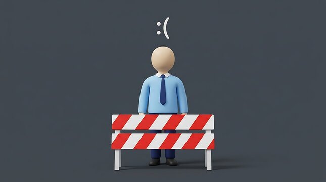 A cartoon man in a blue suit stands behind a red and white barrier on a gray background with a worried expression.