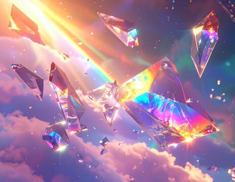 Irisierende lichtbrechende Glasscherben, holografisches Farbspektrum, &auml;therische Atmosph&auml;re, generative KI