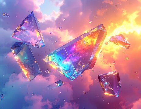 Irisierende lichtbrechende Glasscherben, holografisches Farbspektrum, &auml;therische Atmosph&auml;re, generative KI