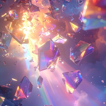 Irisierende lichtbrechende Glasscherben, holografisches Farbspektrum, &auml;therische Atmosph&auml;re, generative KI