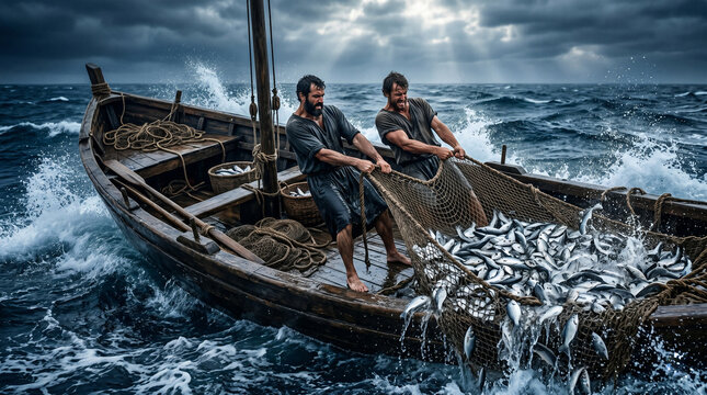 Two men pulling net full of fish from sea. Scene depicting miraculous catch by apostles. Biblical story illustration from New Testament. Ancient fisherman in boat. Christianity concept.