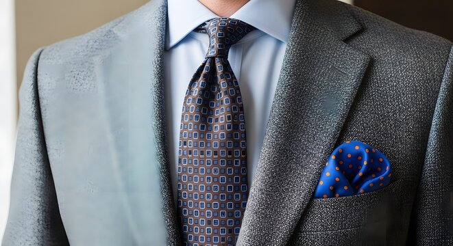 Close-up of a stylish businessman in a grey suit and patterned tie.