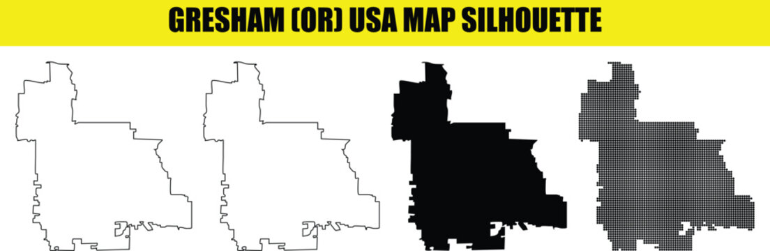 Gresham city map silhouette in Oregon usa features vector outlines solid black shapes and dotted grid pattern styles.