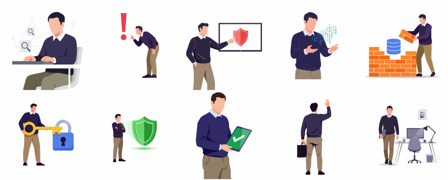 Cybersecurity and IT management flat vector illustration set featuring professional man handling data protection, network security, and digital privacy tasks.