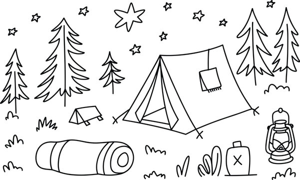 Hand drawn camping scene with tents, pine trees, stars, sleeping bag, lantern, and water bottle on a white background, line style
