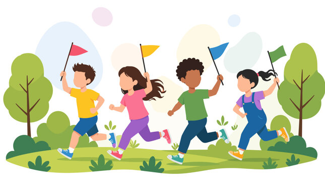 Cheerful Children Running With Small Flags in a Lush Park Outdoor During a Fourth of July Celebration
