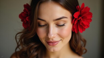 Naklejka premium Young woman with long brown hair adorned with large red flowers smiles softly, showcasing natural beauty against a neutral background