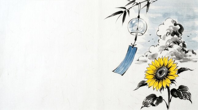 A Japanese summer landscape with a field of sunflowers, a traditional house under cumulonimbus clouds, and watermelons and a fan on a wooden veranda