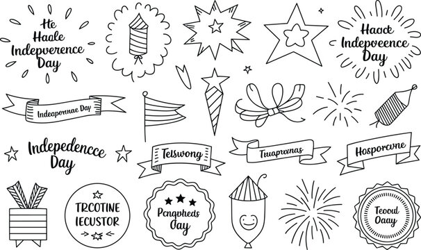 Independence day doodle collection with text banners, fireworks, rockets, stars, and celebratory labels on a white background