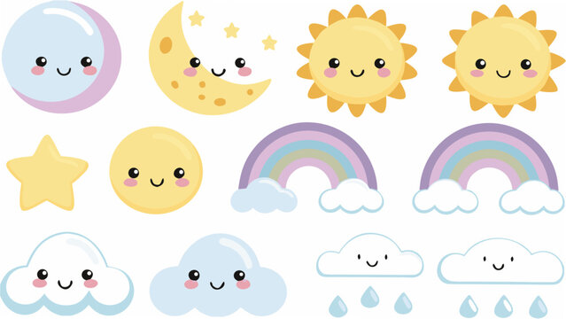 Smiling weather elements illustration with suns moons rainbows stars and clouds on a white background
