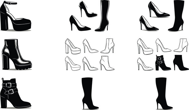 Women fashion footwear vector illustration collection featuring classic pumps ankle boots chunky platform heels and stiletto thigh high boots